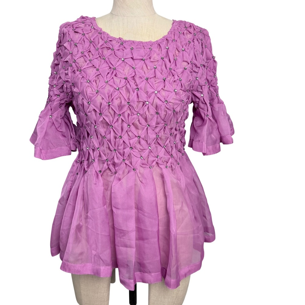 Anthropologie Maeve Smocked Rhinestone‎ Peplum Top Purple Back Bow Small NWT